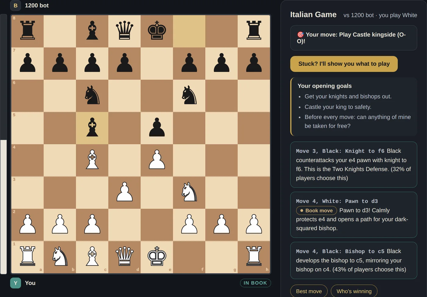 A game against the 1200 bot in the Italian Game, with the coach panel and opening goals beside the board